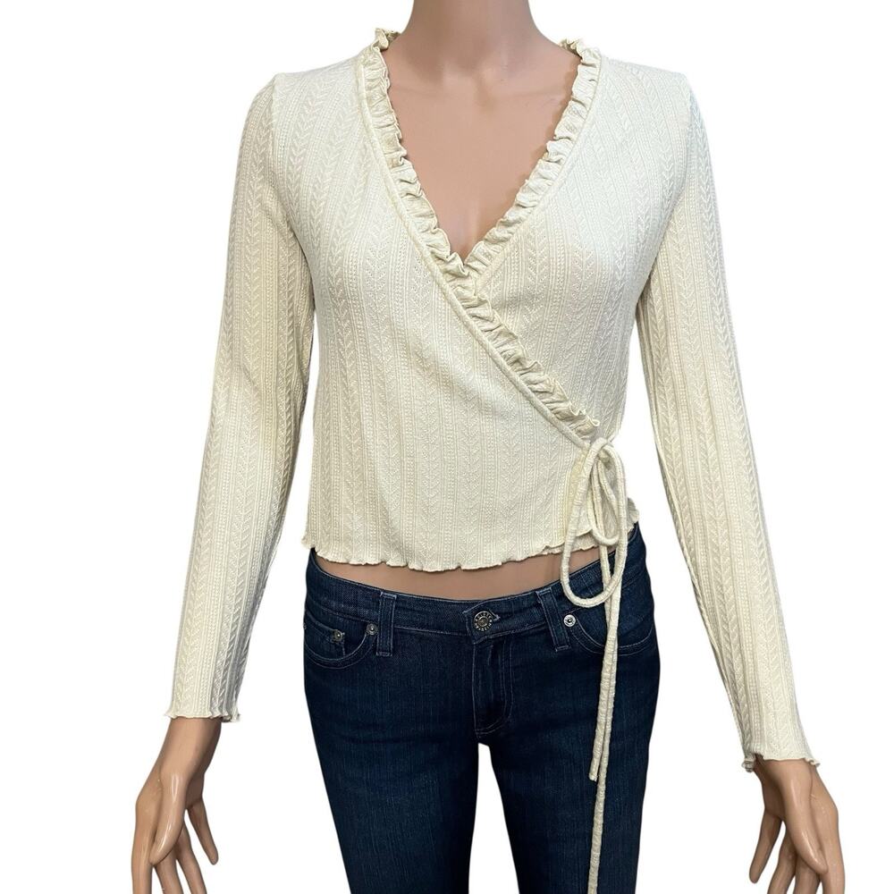 Mango Pointelle Knit Wrap Top XS Cream Cropped Ruffle Balletcore Coquette Preppy